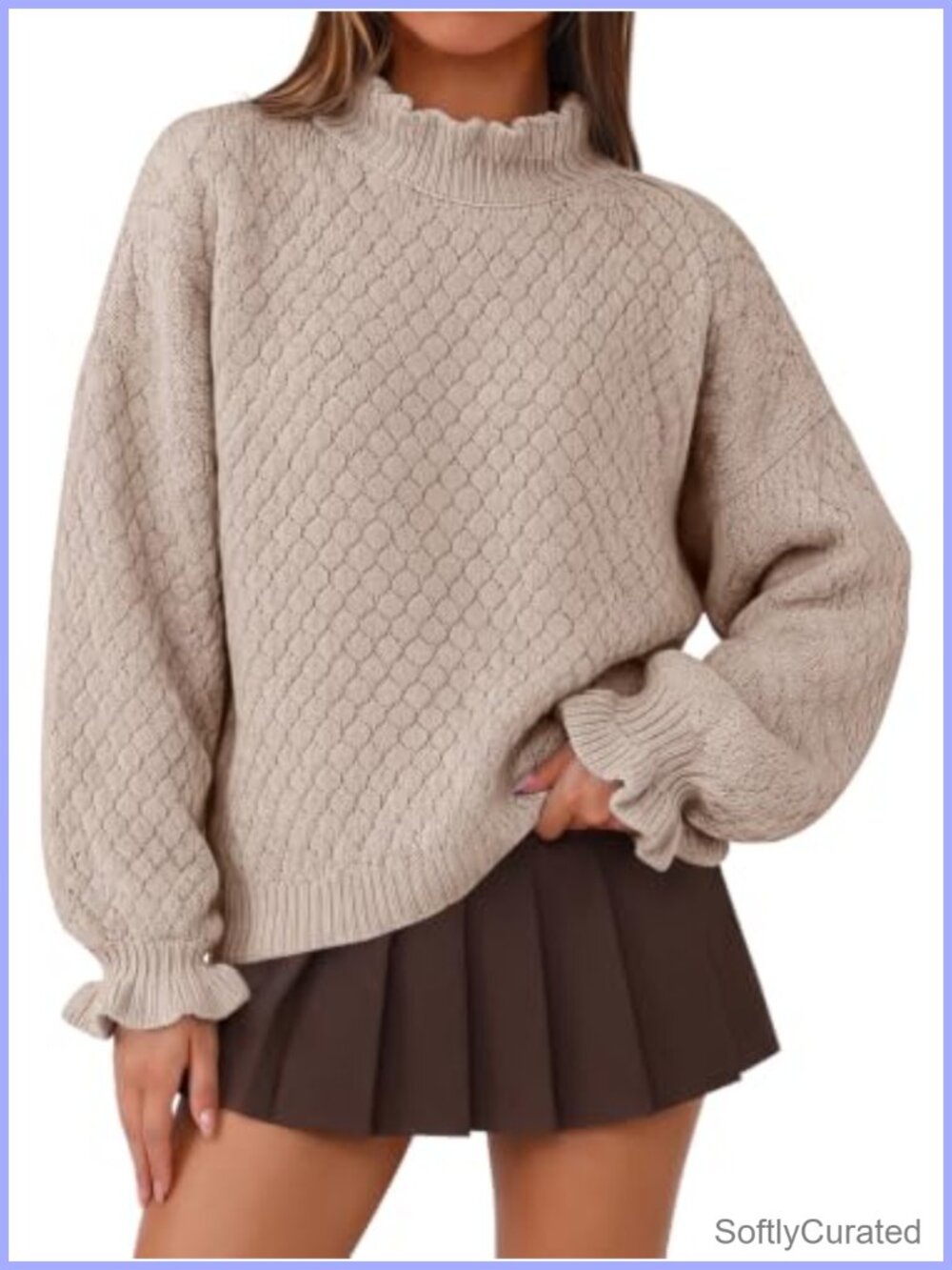 Oversized Cable Knit Mock Neck Sweater Ruffle Cuff Pullover